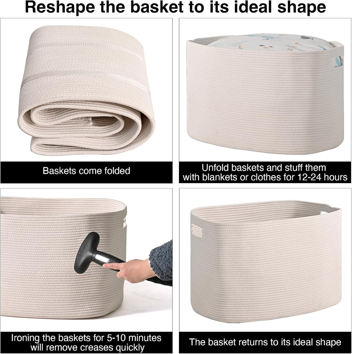 ICERZCZ White Laundry Basket, Blanket Baskets for Living Room, Cotton Rope Baskets for Storage, Woven Basket for Blankets, Toys, Clothes, Shoes, White, 25”x16”x16” (105L)