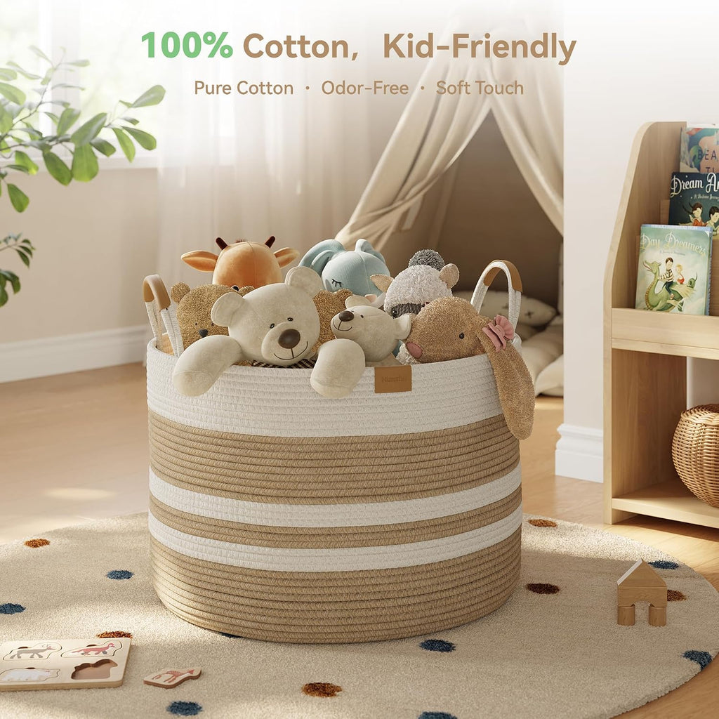 Nunsino 72L Blanket Basket with Leather Handles,Laundry Basket,Brown White