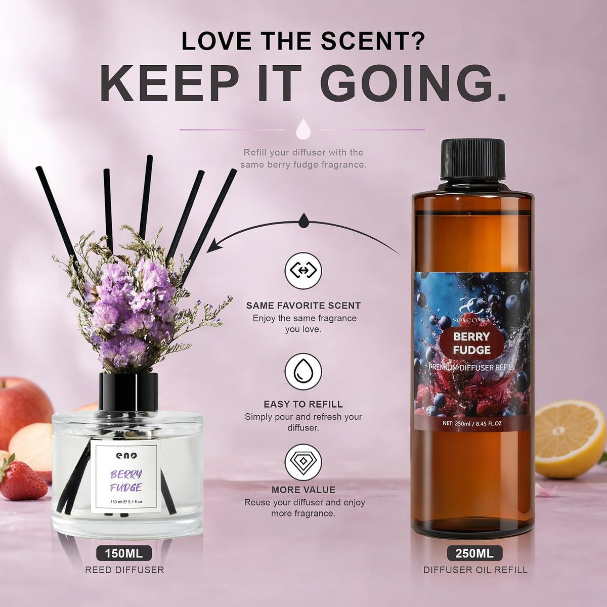 Reed Diffuser Set with Dried Flowers, 5.1 fl oz / 150ml, Berry Fudge - Home Fragrance Diffuser with Sticks for Bathroom Shelf Decor, Bedroom, Office & Gift