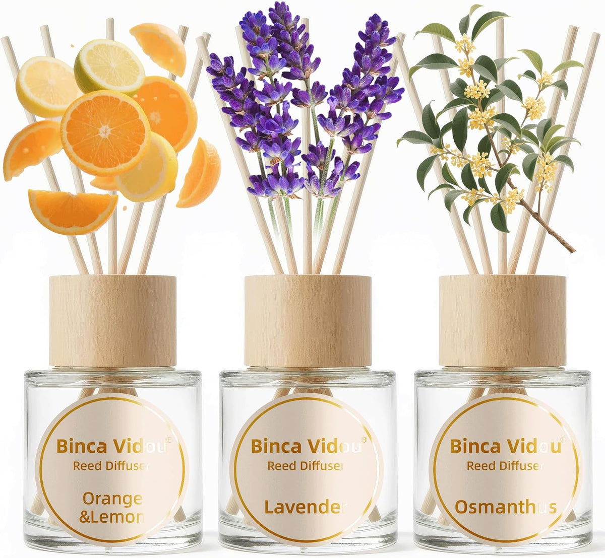 Reed Diffuser Set, Binca Vidou Lavender Osmanthus Orange & Lemon 1.69oz x 3
