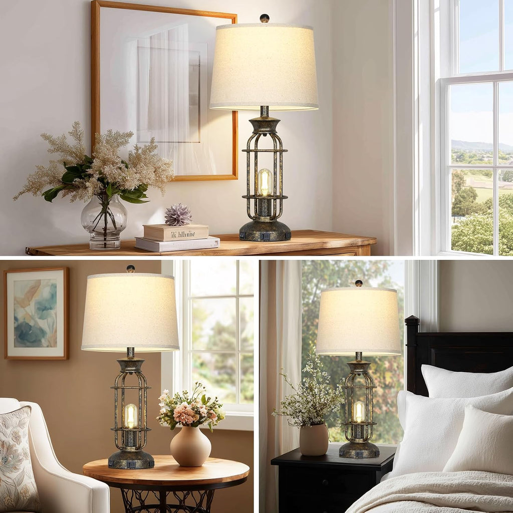 28" Tall Farmhouse Table Lamp with USB C+A Charging Ports & AC Outlet, Rustic Industrial Bedside Lamp for Living Room, Vintage Nightstand Lamp for Bedroom End Table Bronze Single, 2 Bulbs Included
