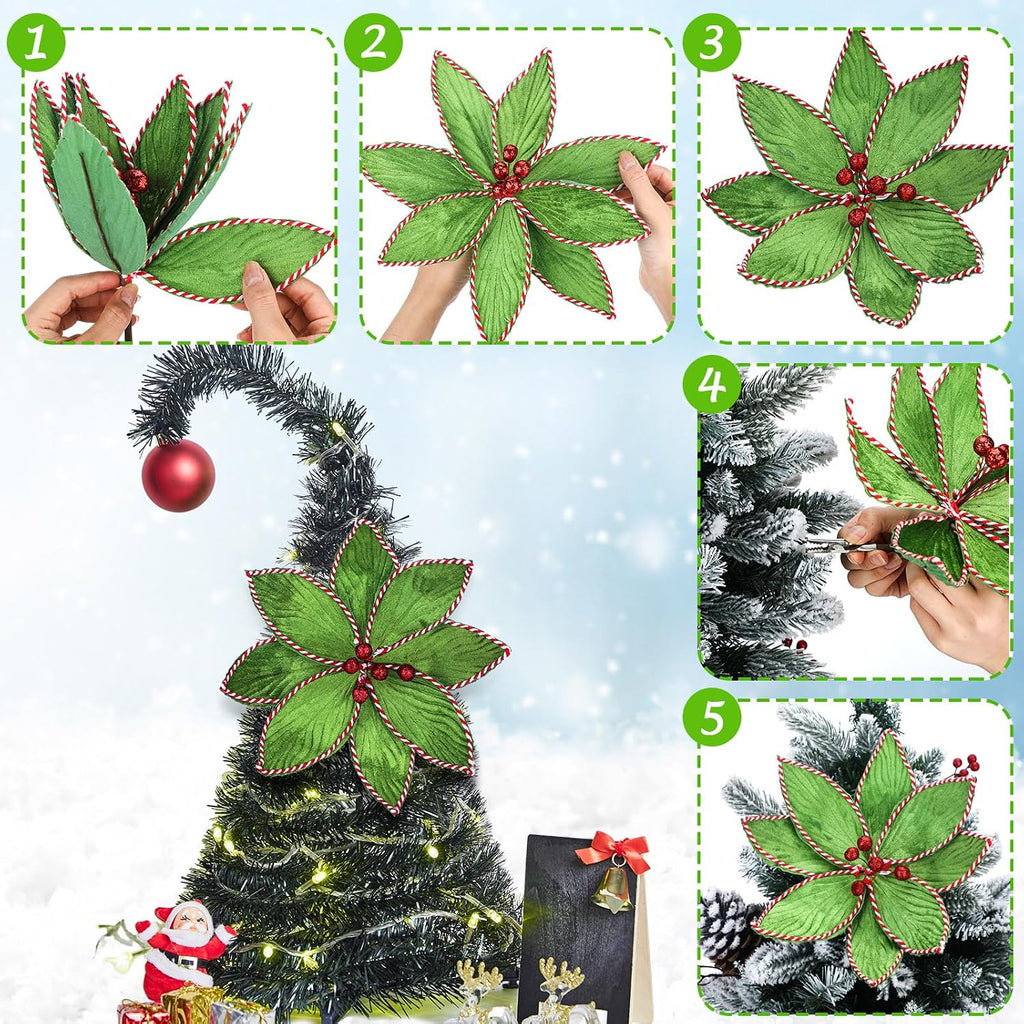 Thiccywoov 6 Pcs Green Peppermint Edge Christmas Poinsettia Stem 10.24 x 3.94 Inch Silk Velvet Artificial Fake Poinsettia Flowers Blooms for Christmas Trees and Holiday Decorations