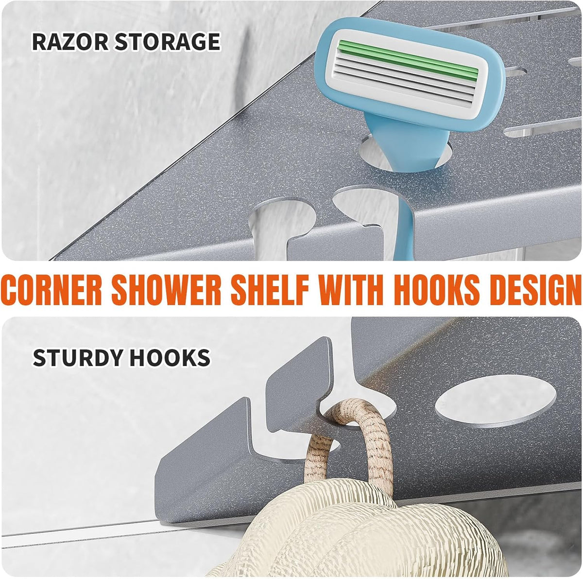 Shower Corner Shelf Organizer Rack with Hooks & Razor Hole, 2Pack-Silver