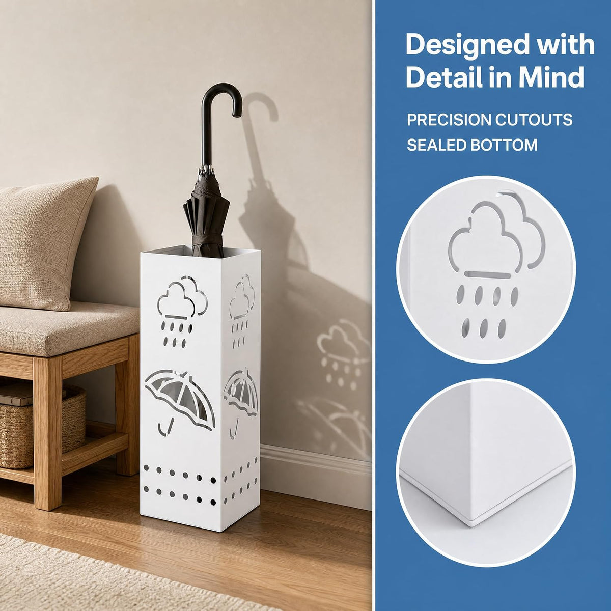 BEWBBAT Metal Umbrella Stand for Entryway, 6 x 6 x 17 Inch White Square Umbrella Organizer Bin, Free Standing Umbrella Holder,Walking Sticks, Home Office Decor