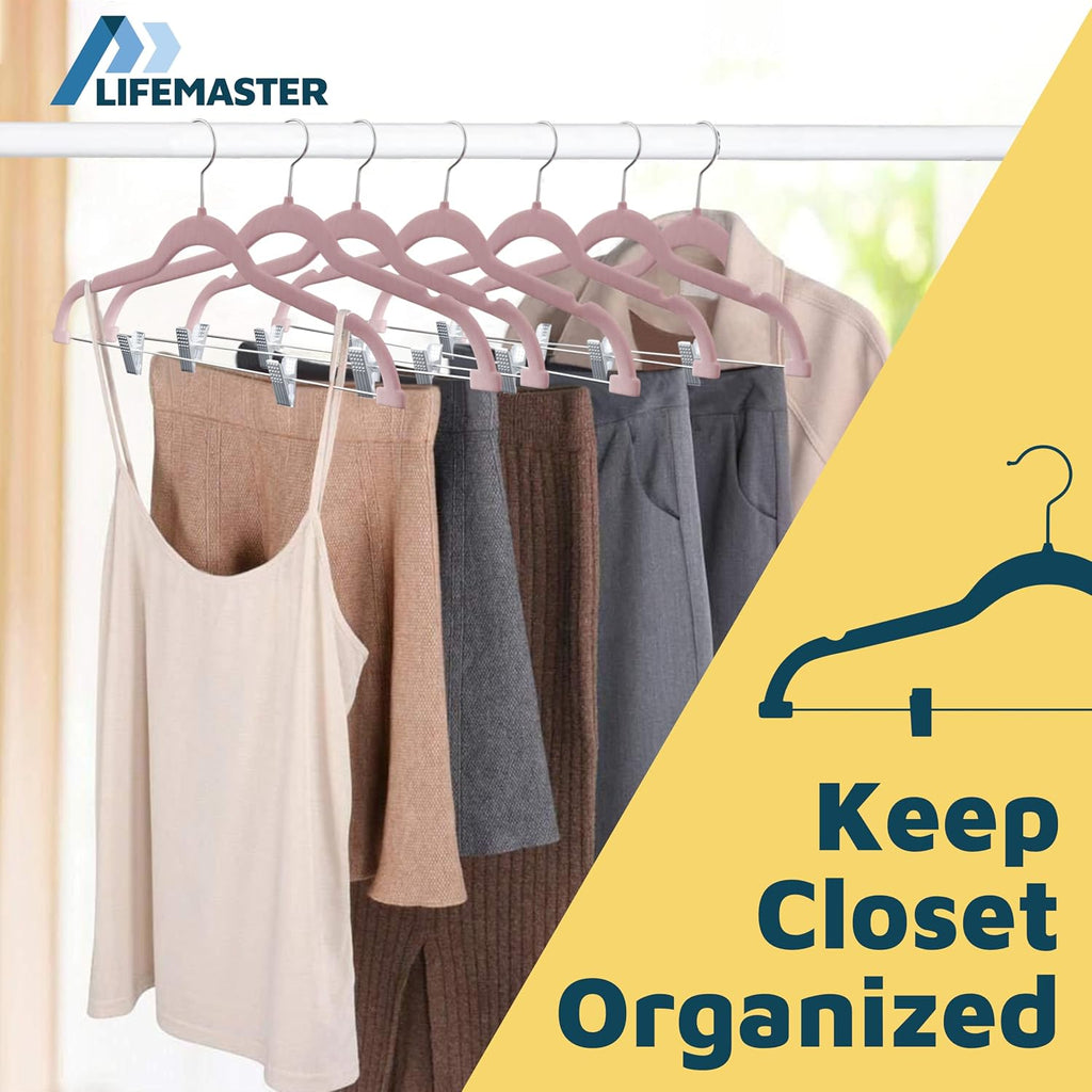 Lifemaster Velvet Pants Hangers – with Adjustable Clips, 360 Degree Swivel Hook, and Non-Slip Shoulder Notch, Holds Up to 10 lbs, for Organizing Skirt, Pants, Dress, and Clothes, Pack of 50, Pink