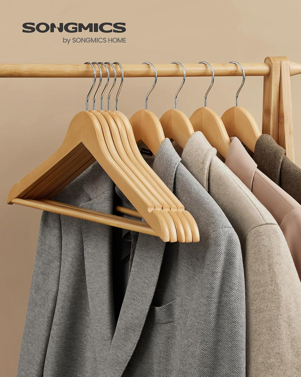SONGMICS Wooden Hangers, 20-Pack Wood Hangers with Non-Slip Pants Bar