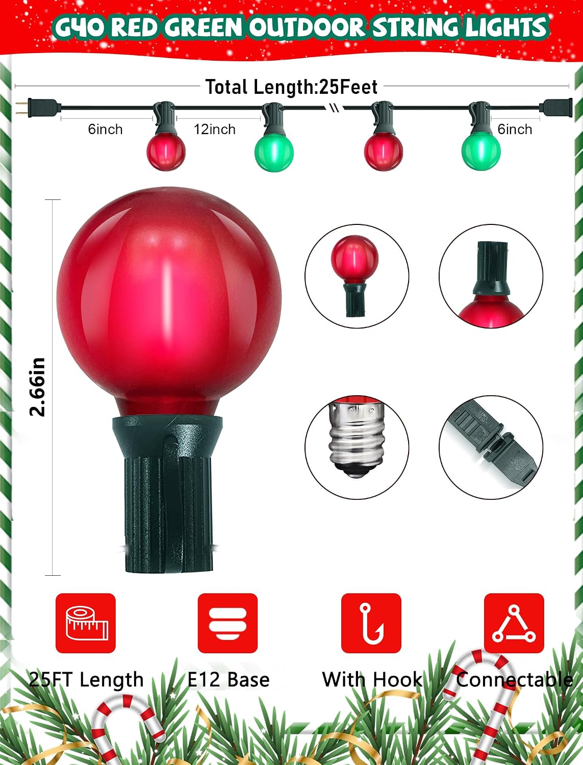25Ft LED Red Green String Lights Outdoor, Christmas Decoration Patio Lights