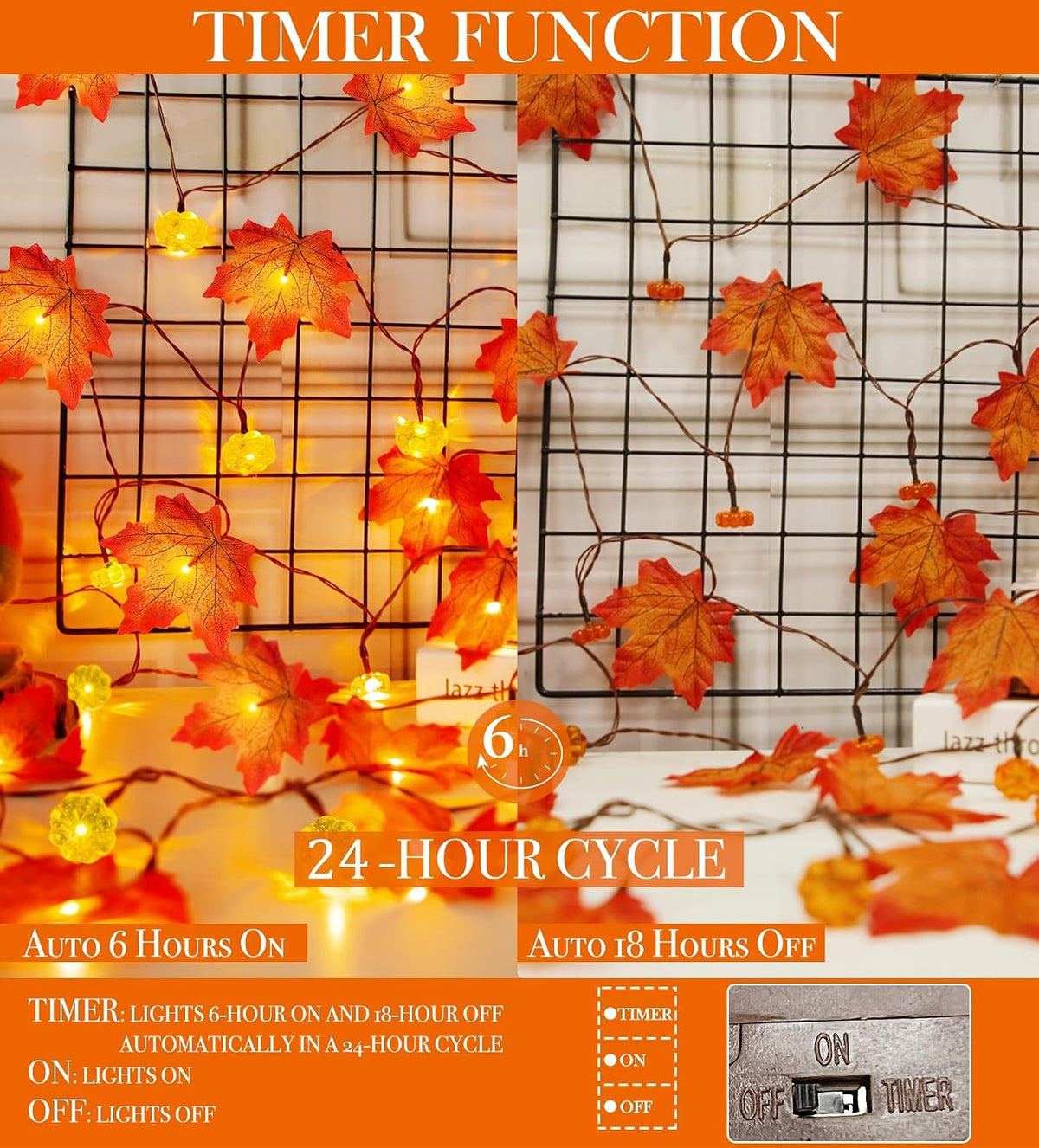 Timer&3 Pack Thanksgiving Decor Fall Garland with Pumpkin Lights 60LED
