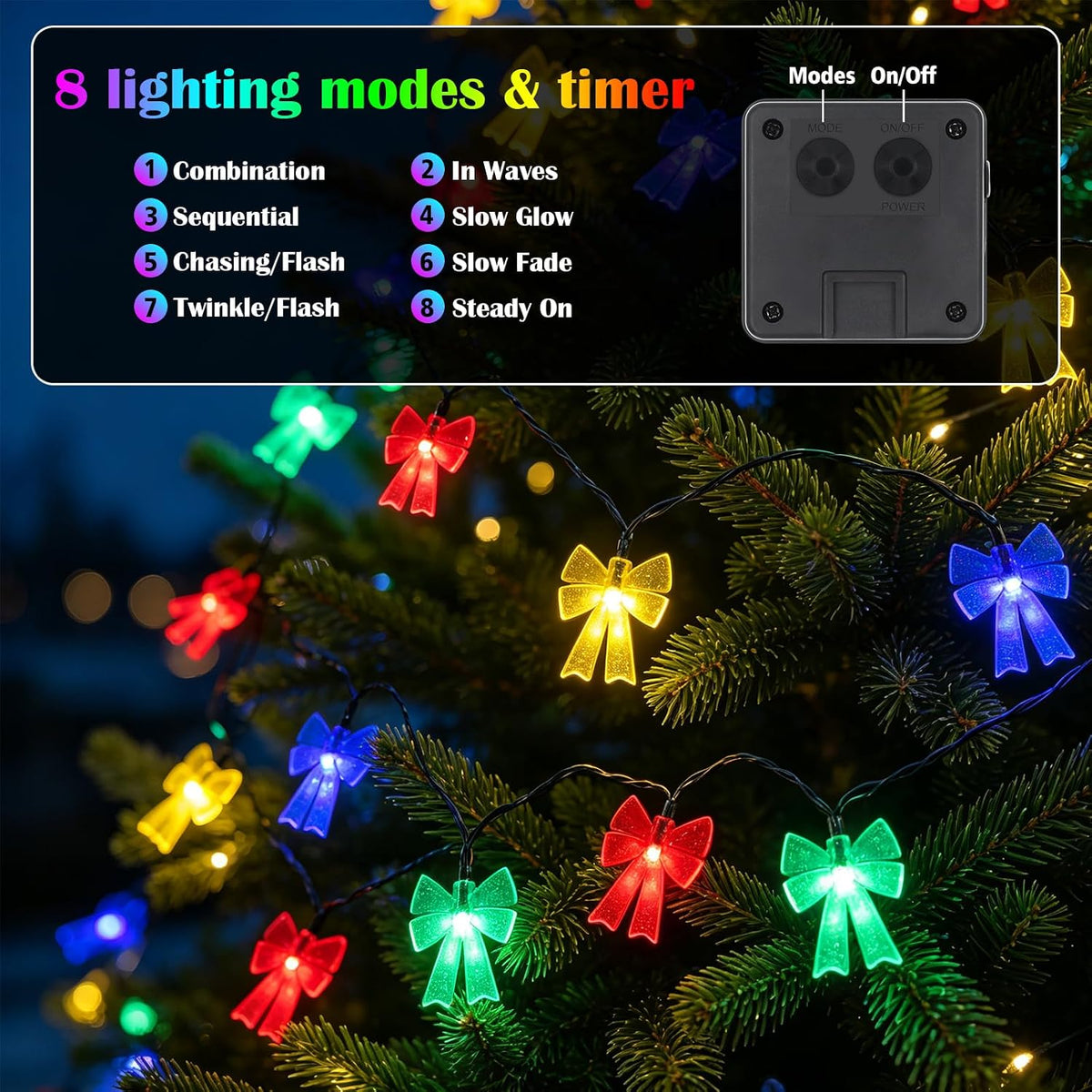 Solar Powered 23FT Christmas Bow 30LED Outdoor String Lights Multicolor