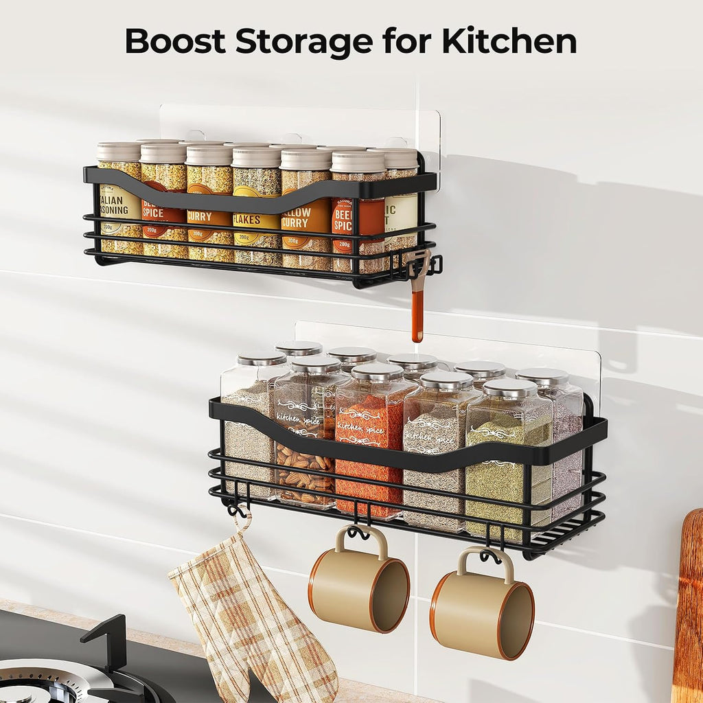 Orimade Adhesive Shower Caddy Shelf with 5 Hooks Organizer Storage Rack Rust Resistant Wall Mounted Stainless Steel No Drilling for Bathroom, Toilet, Kitchen - 2 Pack,Black