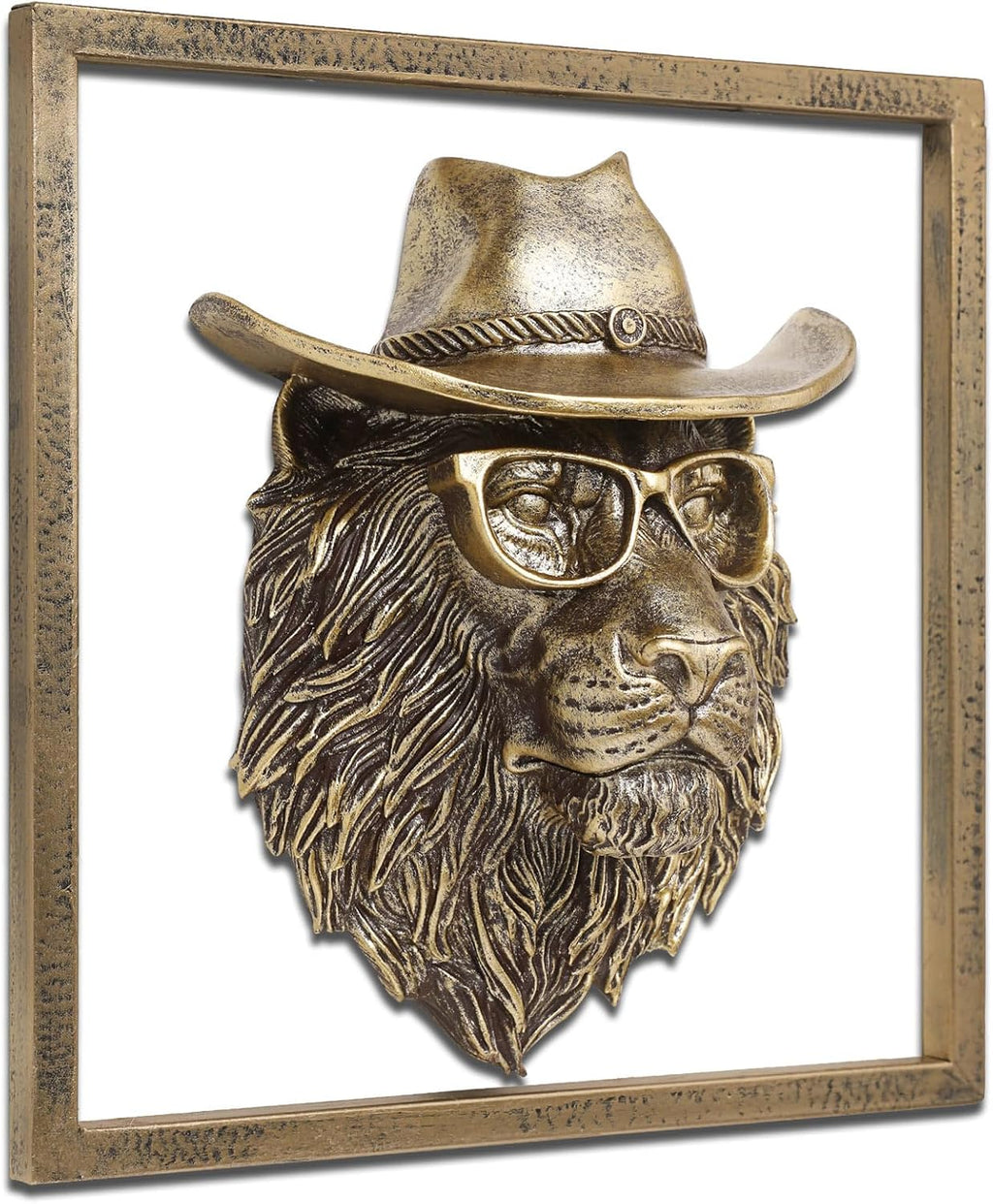 JJALIGHTS Exquisite Resin Animal Head Wall Sculpture (Gift Metal Frame) - Imitation Copper Vintage Decor for Living Room, Bedroom & Office | Decorative Wall Hanging Art (Lion)