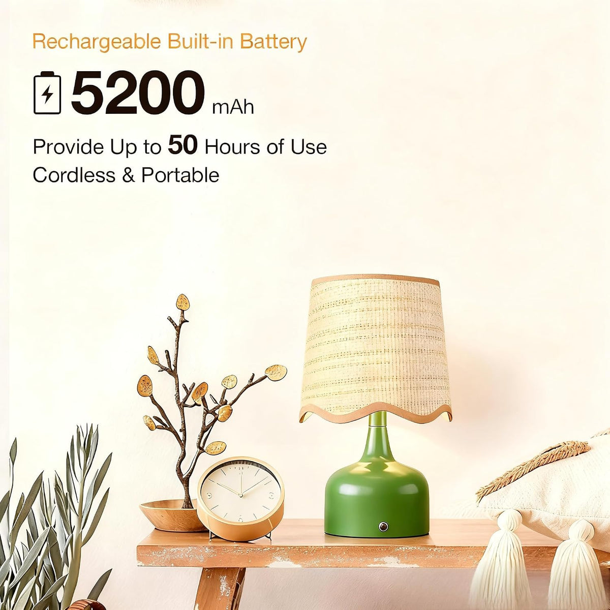 Cordless Boho Table Lamp Green, Scalloped Wicker Shade, 5200-mAh Rechargeable Battery, 3-Way Dimmable, Build-in Integrated LED 320 Lumen Max, for Bedside Living Room
