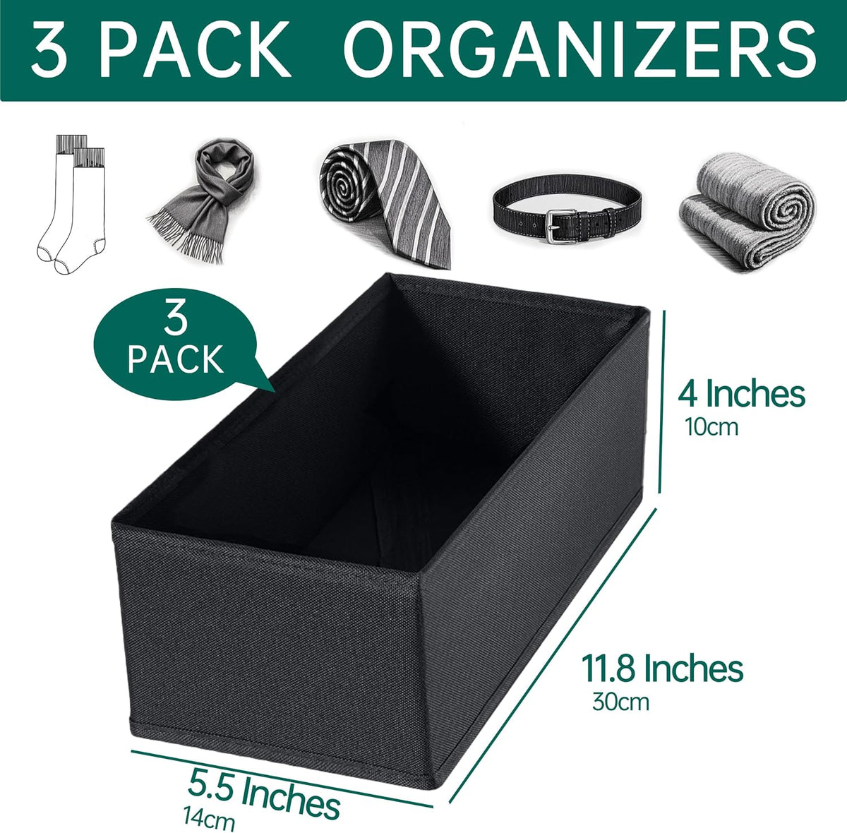 3 PACK Drawer Organizer Clothes，drawer Divider， Dresser Drawer Storage for Sock, Underwear, Bra，Panties，Belt, Tie, Stockings, Leggings & Accessories (Black)