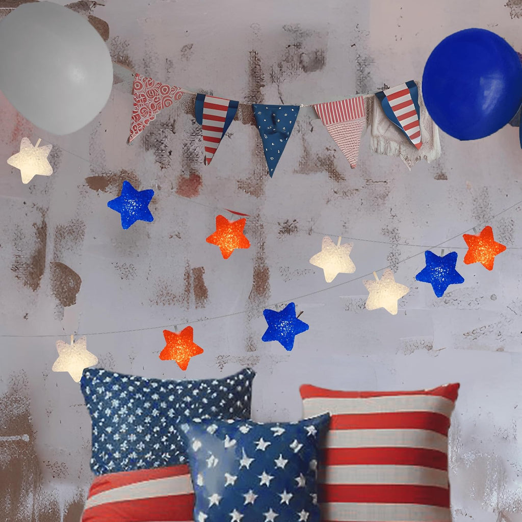 YOLIGHT 4th of July Decorations, Red White Blue Lights Star String Lights Battery Operated 6.5FT 10 LED Patriotic Fairy Light with Timer for Independence Day Memorial Day Decor, Indoor & Outdoor
