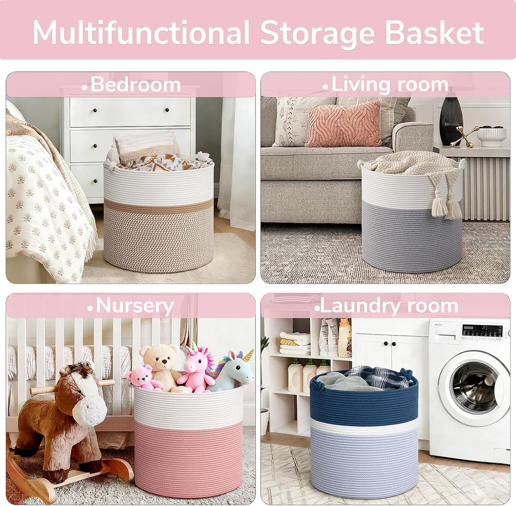 Goodpick 17"x16" Toy Storage for Kids, Home Décor Living Room, Decorative Blanket Basket for Girls Bedroom, Baby Laundry Basket With Handles, White & Pink
