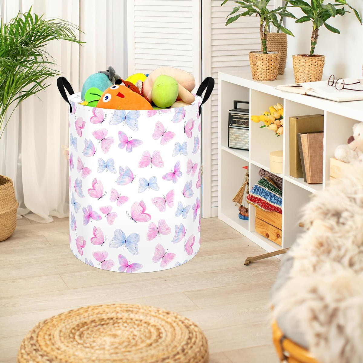 Butterfly Storage Basket for Girls and Kids, Round Collapsible Laundry Hamper with Handles, Pink Blue Butterfly Organizer Bin for Clothes, Toys Room, Nursery, Bedroom Dorm and Gifts