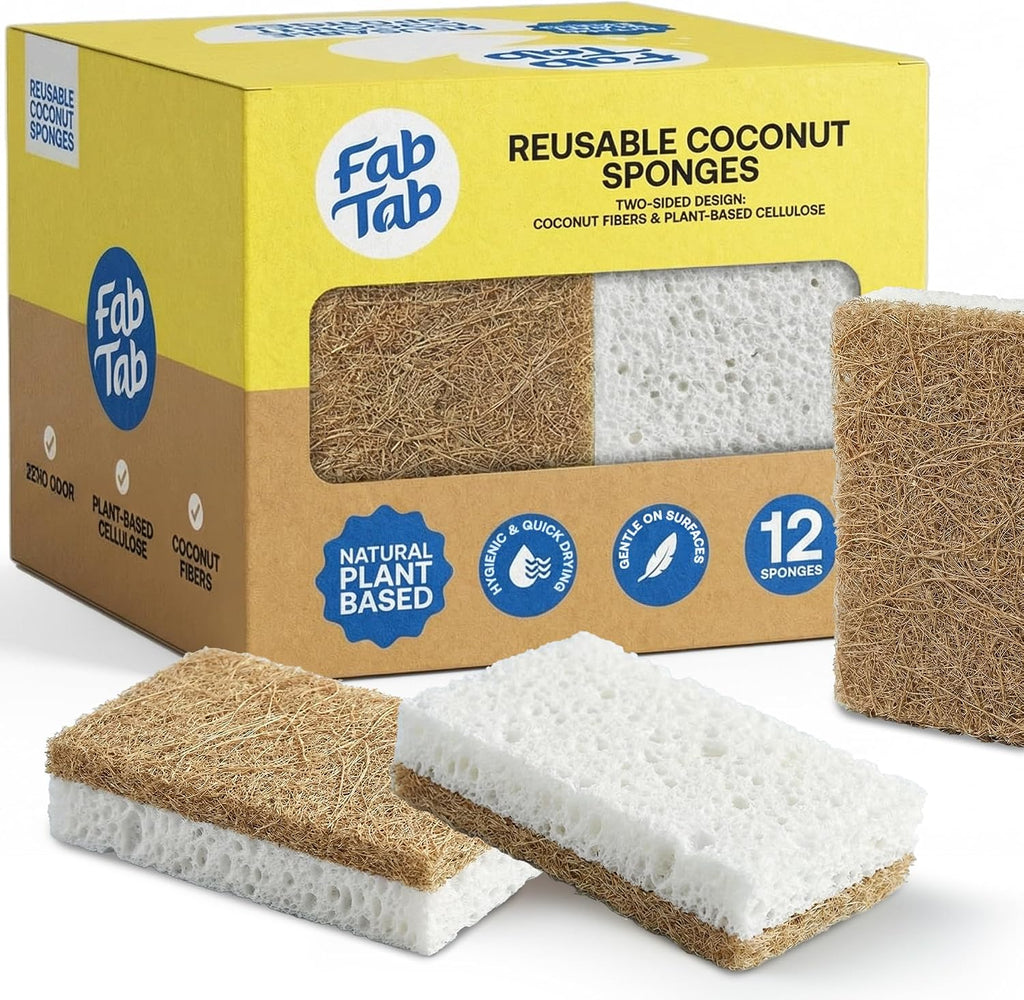 Fab Tab Coconut Cellulose Sponges - Non-Scratch Kitchen Cleaning, 12 Pack