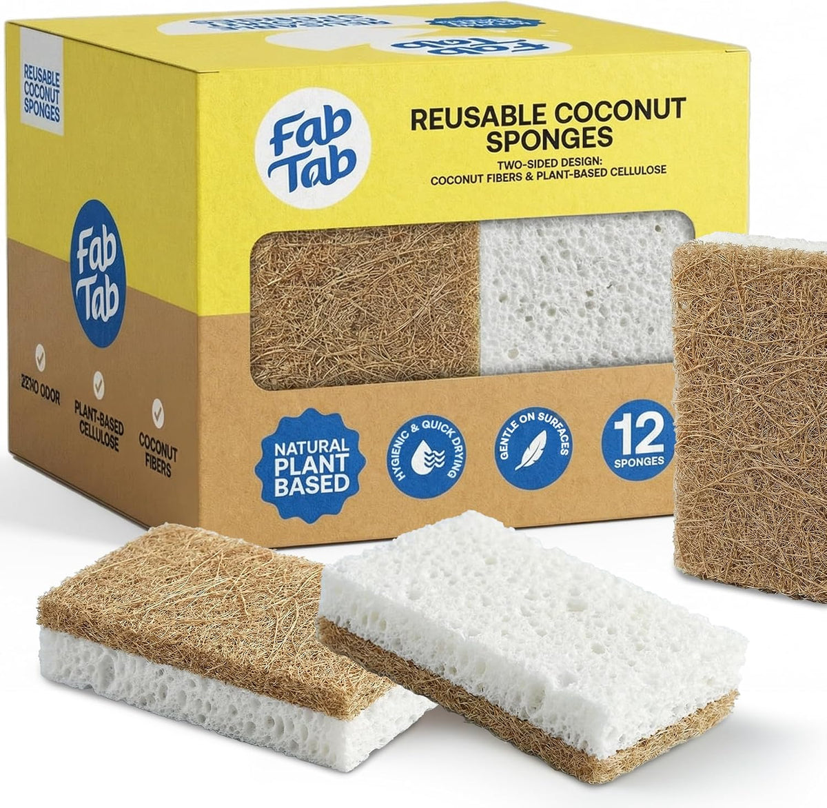 Fab Tab Coconut Cellulose Sponges - Non-Scratch Kitchen Cleaning, 12 Pack
