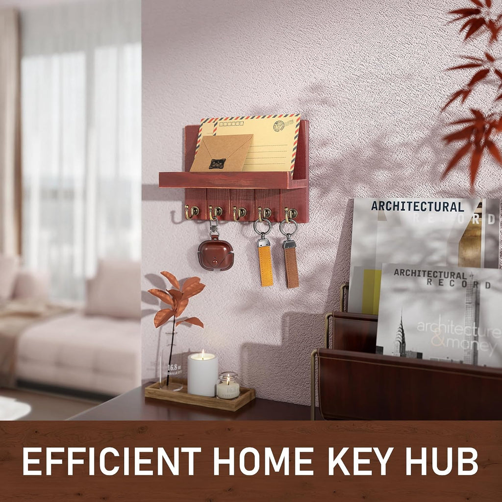 Rebee Vision Key Holder Wall Mount with Floating Shelf for Home Decor, Red
