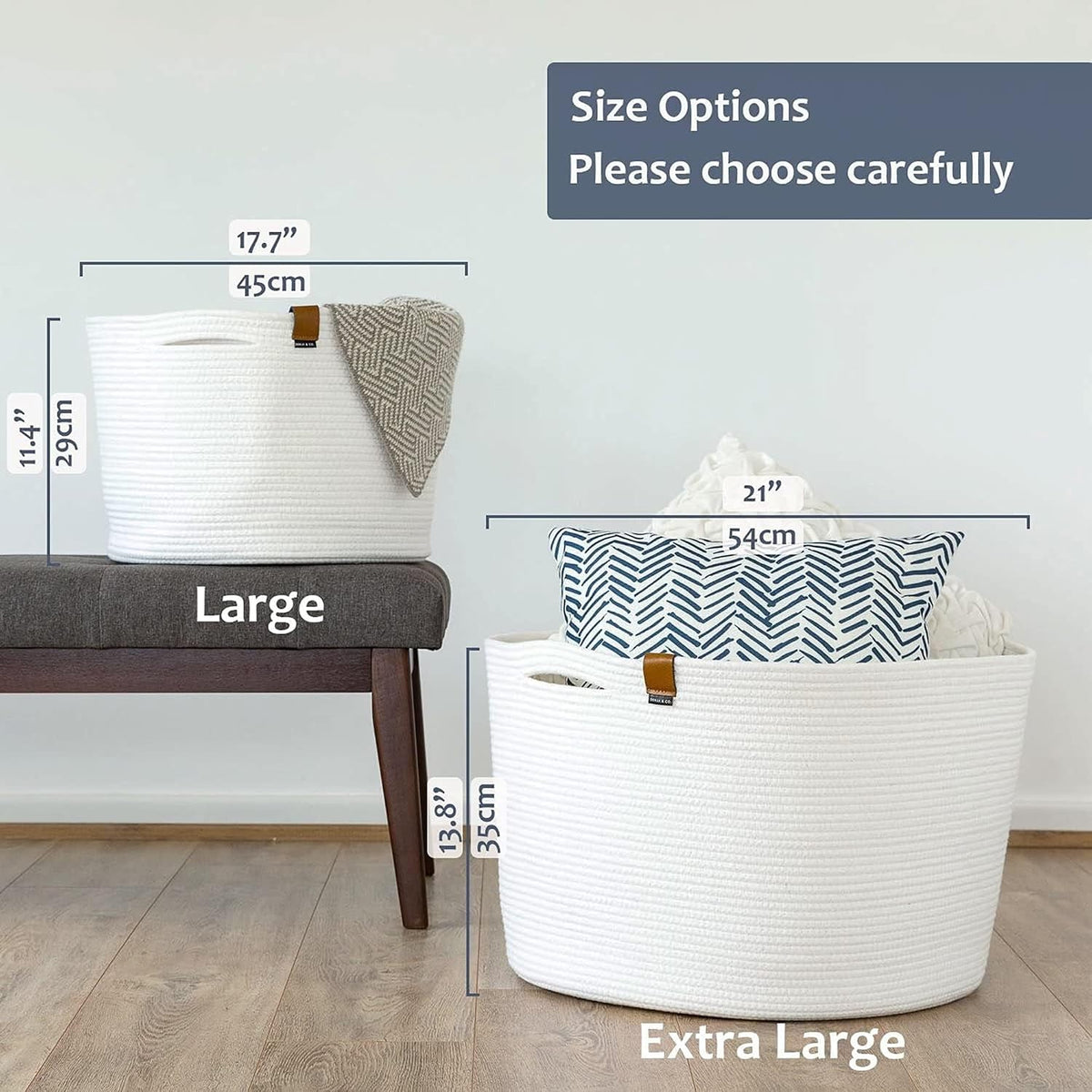 DENJA & CO Extra Large Blanket Basket for Living Room - White Farmhouse Woven Baskets for Storage | Cotton Rope Large Baskets for Blankets, Pillows, Toys, or Laundry | Ivory White (21" Wide x 13.8" Tall)