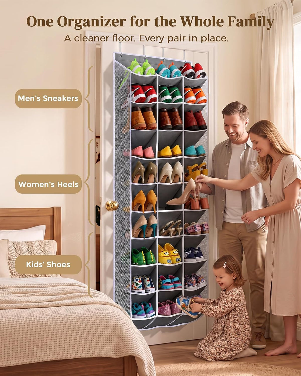 30-60 Pair Over Door Shoe Organizer, 26" Extra Wide Shoe Storage Rack(Grey)