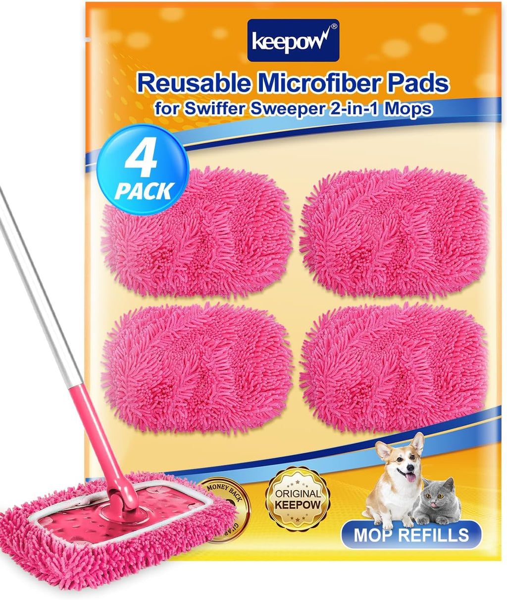 KEEPOW 4Pcs Pink Chenille Reusable Mop Pads Compatible with Swiffer Sweeper