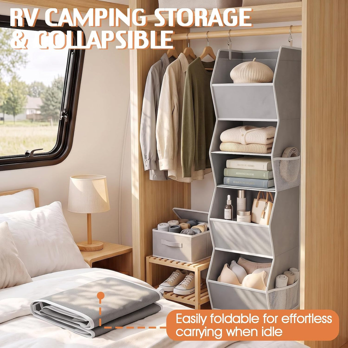 sutinban Hanging Closet Organizer 5 Shelf with 4 Side Mesh Pockets, Foldable Closet Organizers and Storage Hanging for Wardrobe, Closet Rod & RV Camping, Front Anti-Slip Support, Grey