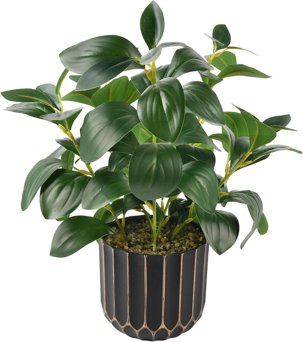 florisso Fake Plants Artificial Plants Indoor, Faux Potted Plants Indoor Artificial Succulents with Fig Leaf Look Real Greenery with Planter for Office Desk Coffee Table Home Decor(Black Gold)