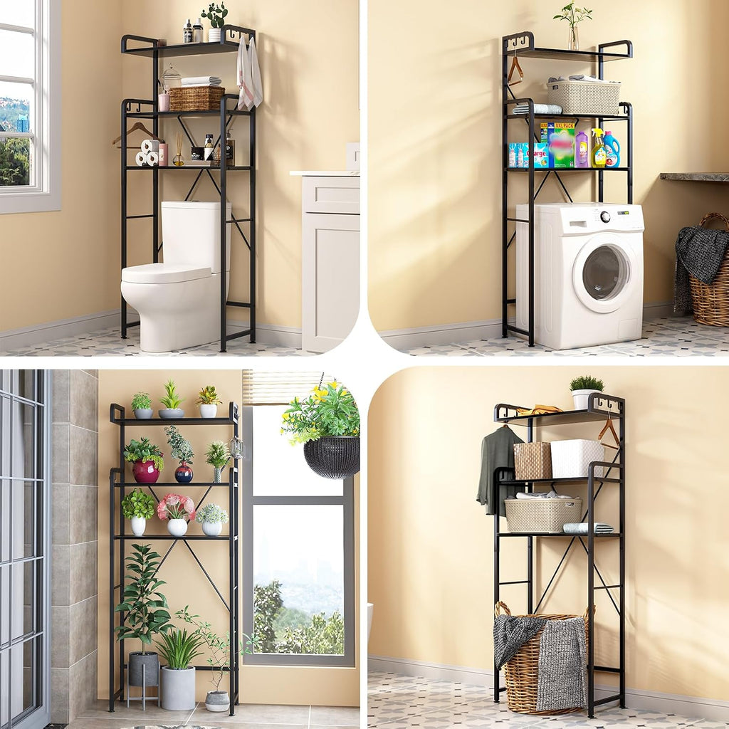 Huhote Over-The-Toilet Storage Rack with 3-Tier Shelves, Space Saver Toilet Shelf, Bathroom Storage Organizer with Hooks for Over-Toilet Storage (Black)