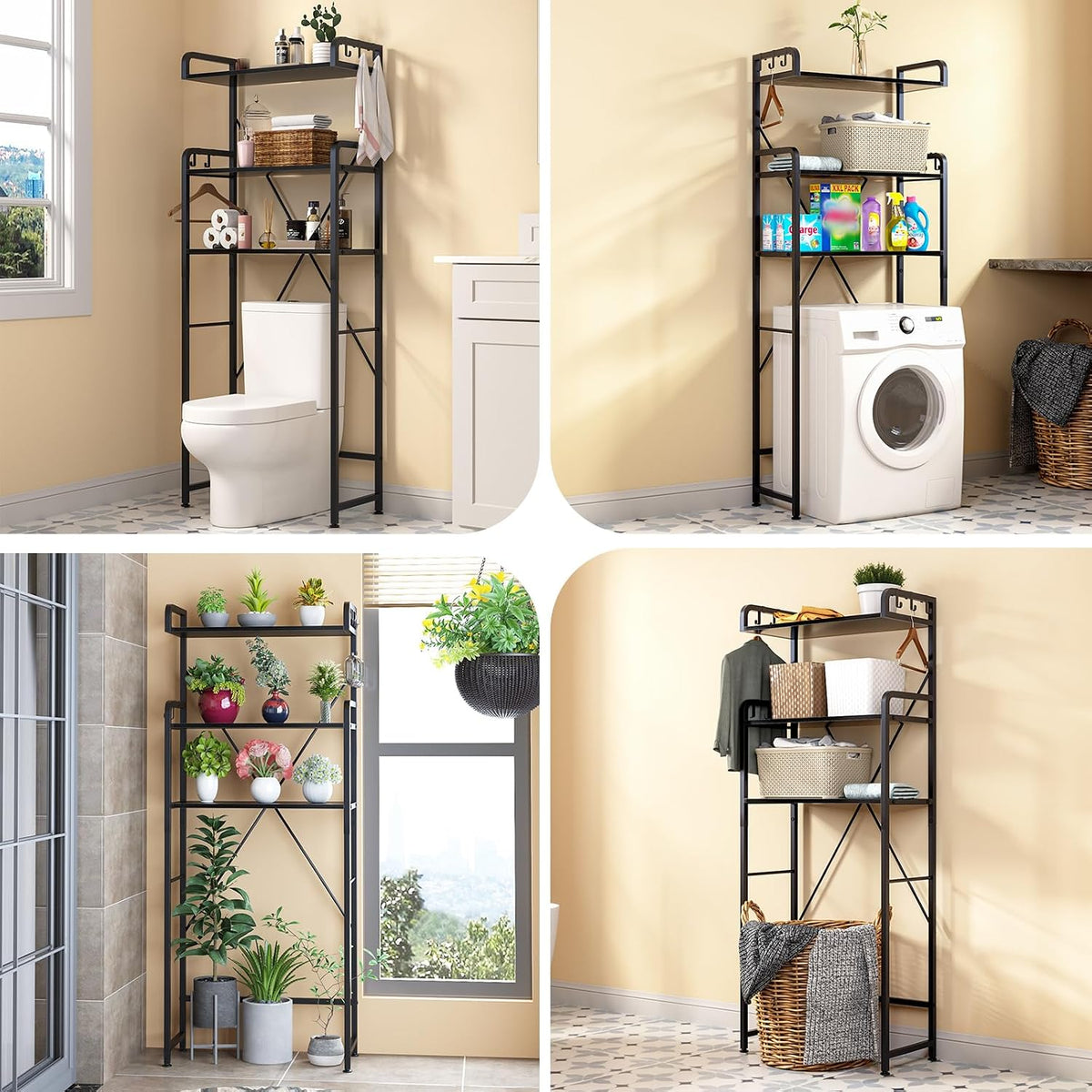 Huhote Over-The-Toilet Storage Rack with 3-Tier Shelves, Space Saver Toilet Shelf, Bathroom Storage Organizer with Hooks for Over-Toilet Storage (Black)