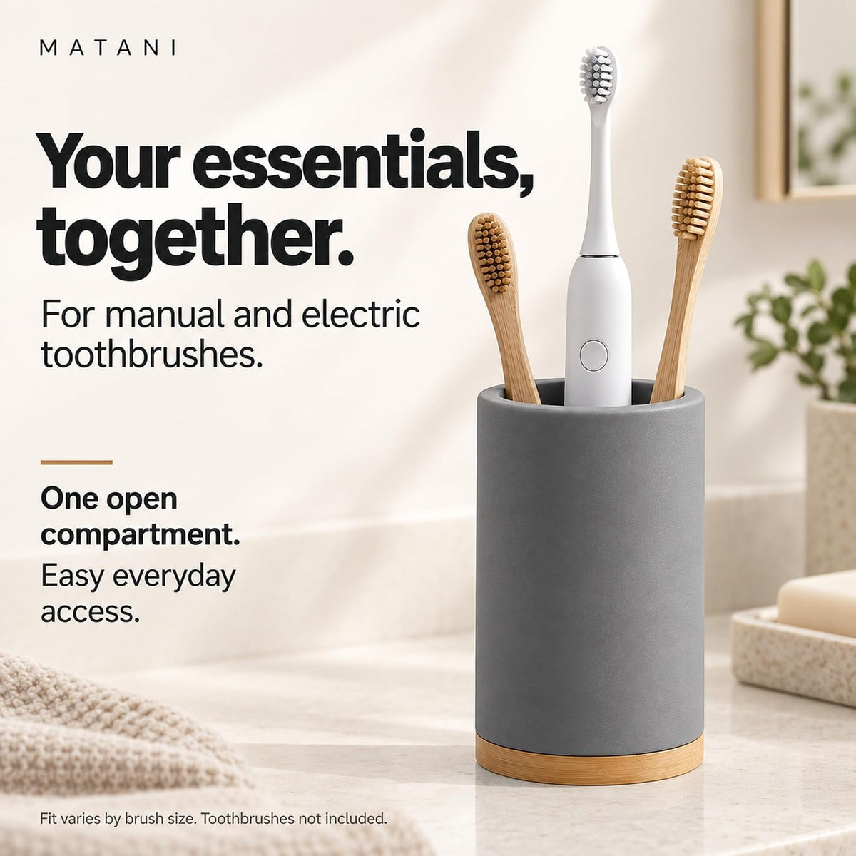 Matani Bamboo Toothbrush Holder Diatomite Tooth Brush Organizer - Storage Stand for Small Bathroom & Counter - Removable Base & Drain Holes, Water-Absorbent & Quick-Drying (Grey)
