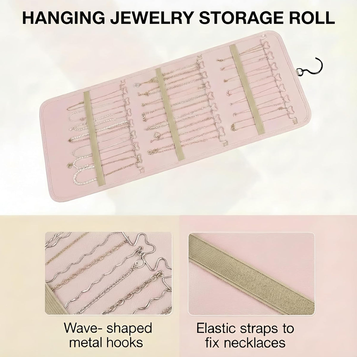 Hanging Jewelry Organizer, Dual-Sided Necklace Holder with Multiple Clear Pockets - Wall Mount & Over The Door Closet Storage for Earrings, Rings, Bracelets - 360° Rotating Hanger (1, pink, XL)