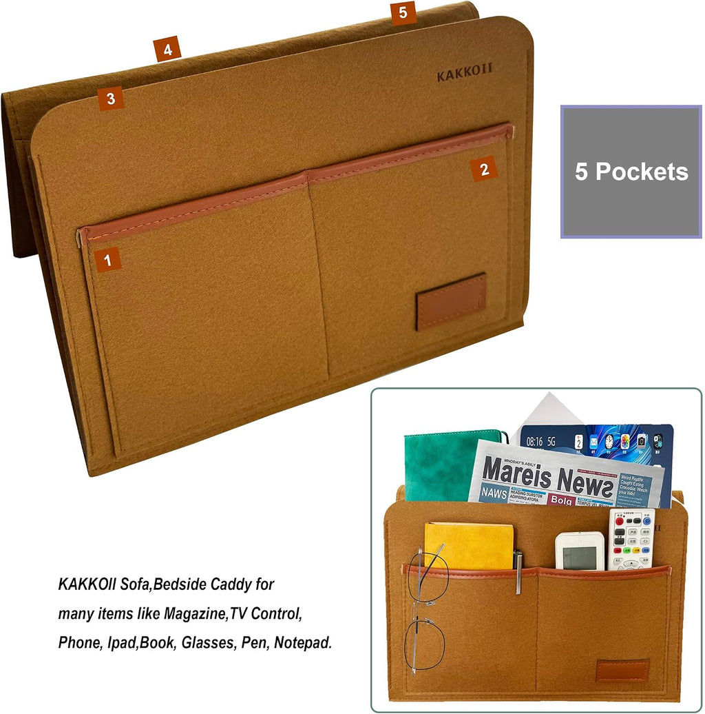 Bedside Caddy, Sofa Caddy, Storage Organizer Pocket for Dorm, Bedroom, 5 Pockets Felt Organizer for Magazine, Remote, Phone, Tablet, Pad, Glasses, Pen, Remote Control (Brown-Short)