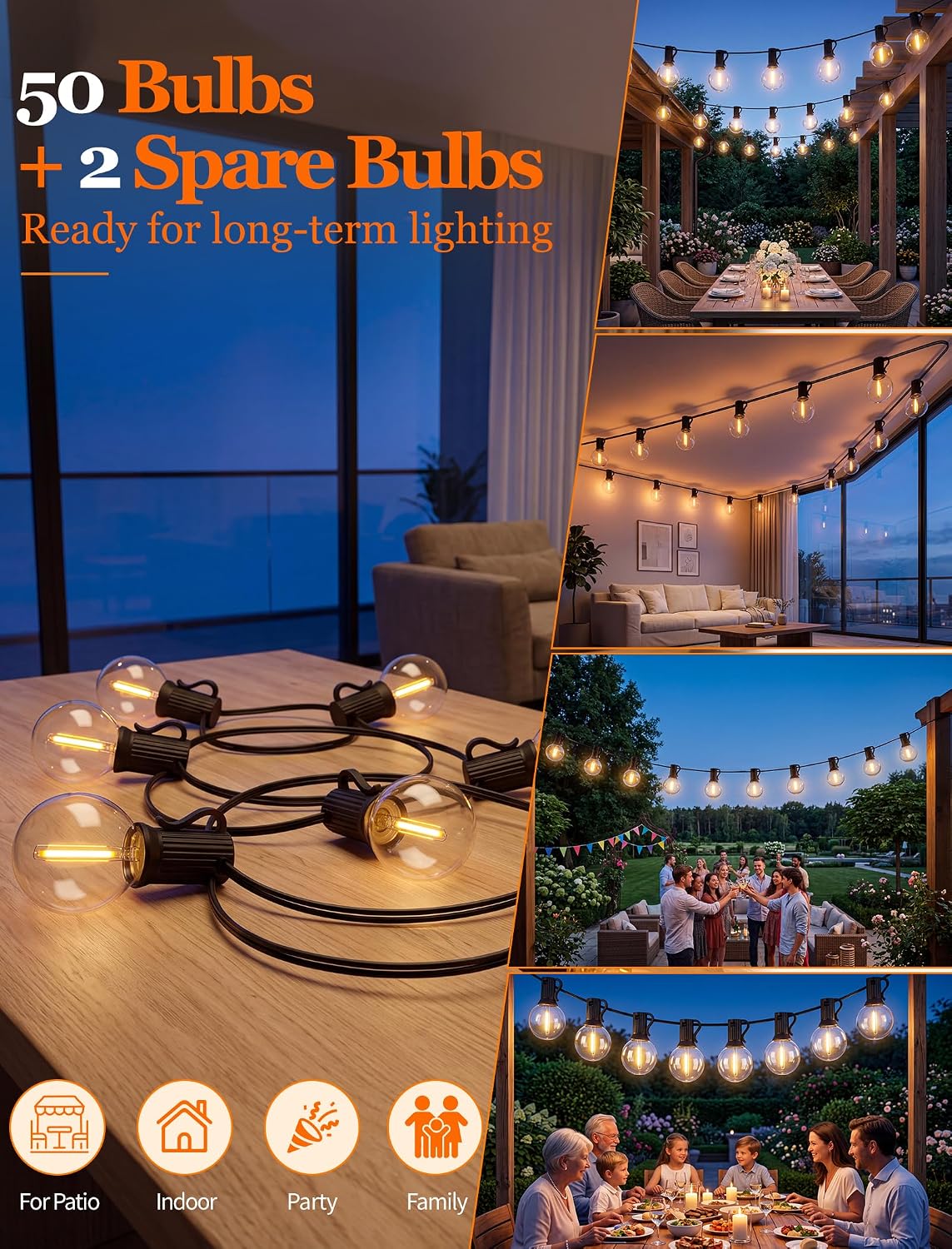 Abeja 100FT G40 LED Outdoor String Lights, 50 Shatterproof Bulbs, Black