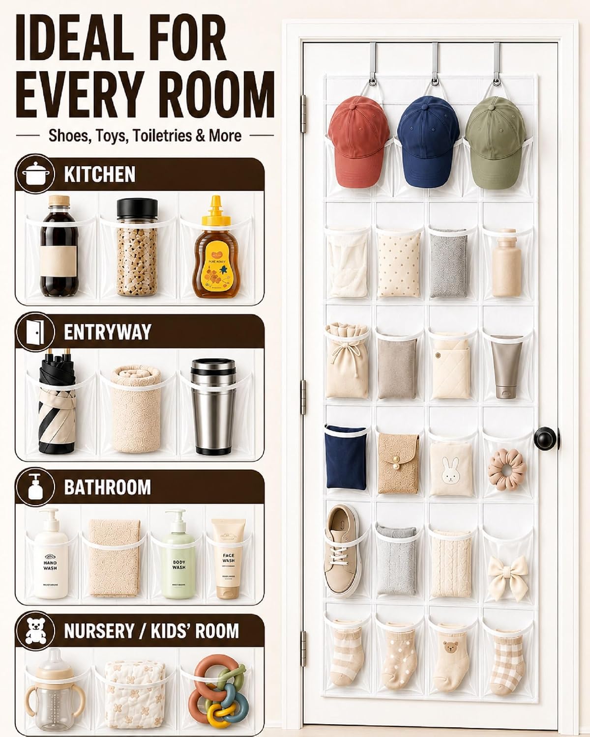 Over-the-Door Shoe Organizer with 24 Crystal Clear Pockets, White