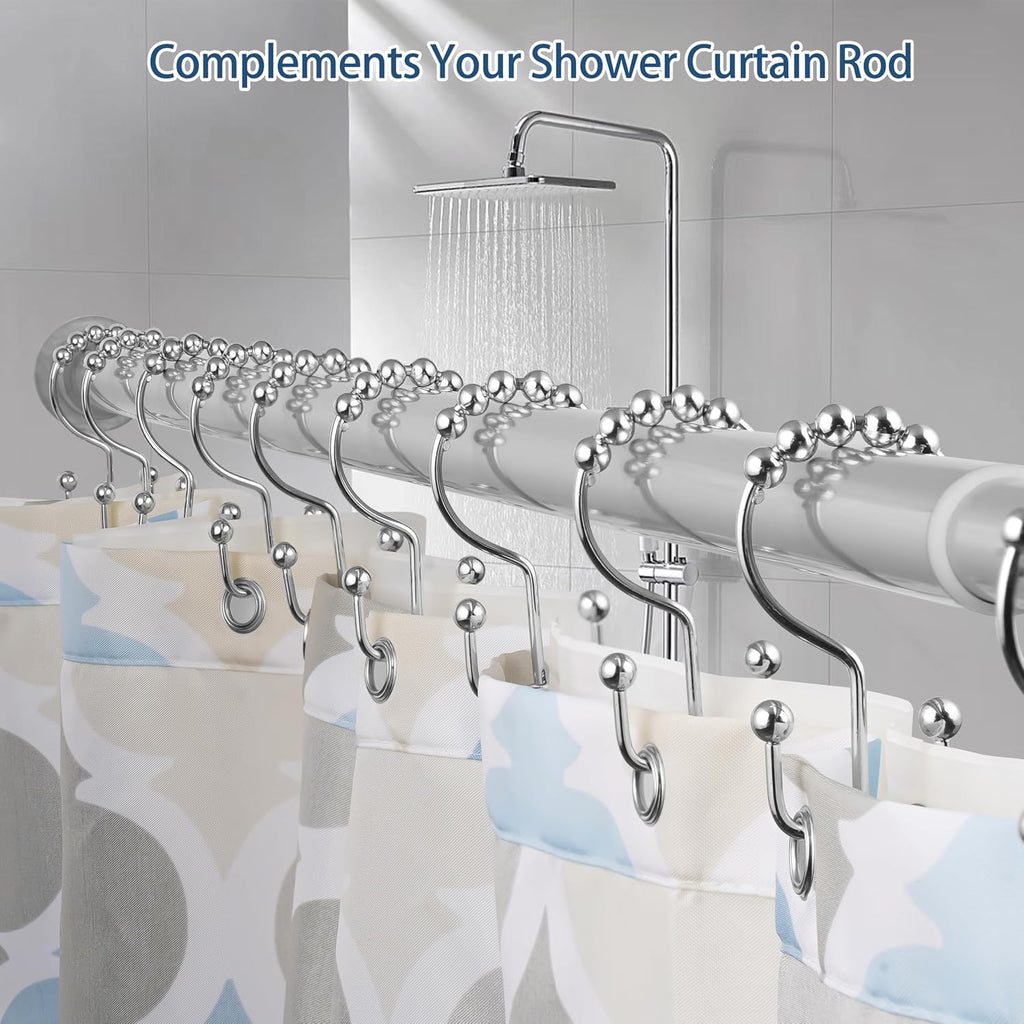 DAWNER Shower Curtain Hooks, Rust Proof Metal Easy Glide Double Rings, Stainless Steel Hangers for Bathroom Curtains, Set of 12, Polished Chrome (Pack of 3)