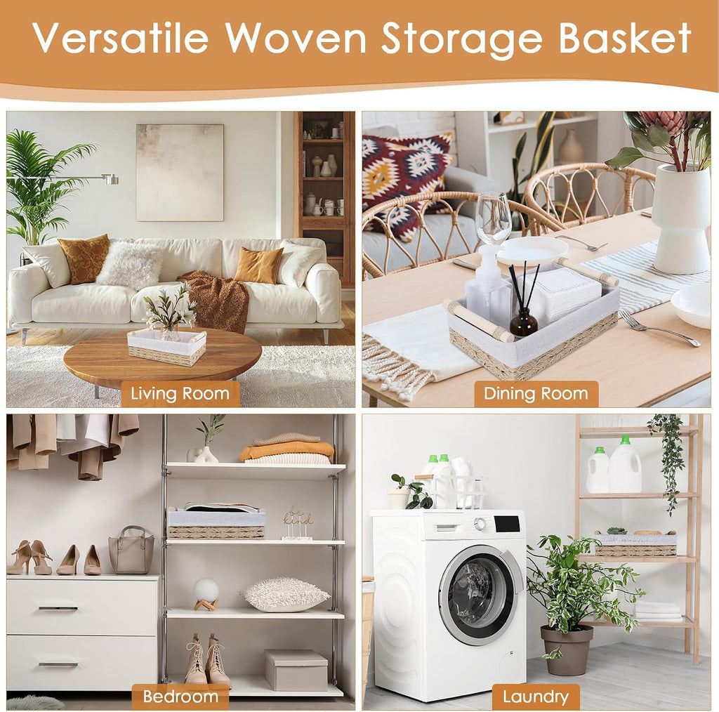 Wicker Storage Basket with Wooden Handle – Paper Rope Decorative Toilet Paper Baskets & Bathroom Organizer for Toilet Tank Top, Shelves, Bedroom, Countertop,Home,Office Storage Bins, 2 Pack,Beige