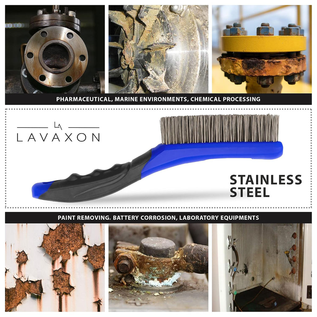 Lavaxon Wire Brush Set-Heavy Duty Stainless & Carbon Steel Bristles with Plastic Handle Grip for Rust, Wielding Slag, Dirt & Paint Scrubbing with Deep Cleaning – 10 Inches (Pack of 2-Blue)