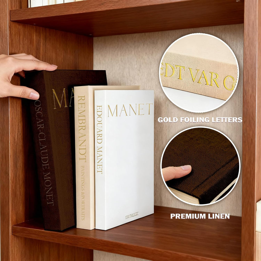 Aesthetic Decorative Books, Set of 3 Linen Faux Book Boxes, Brown