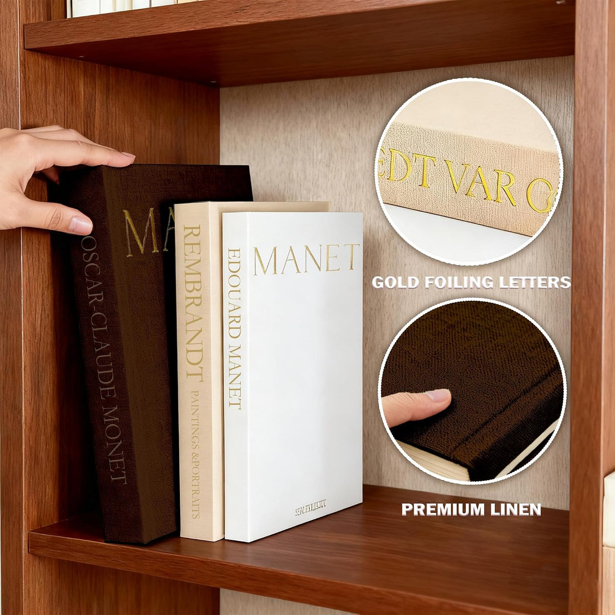 Aesthetic Decorative Books, Set of 3 Linen Faux Book Boxes, Brown
