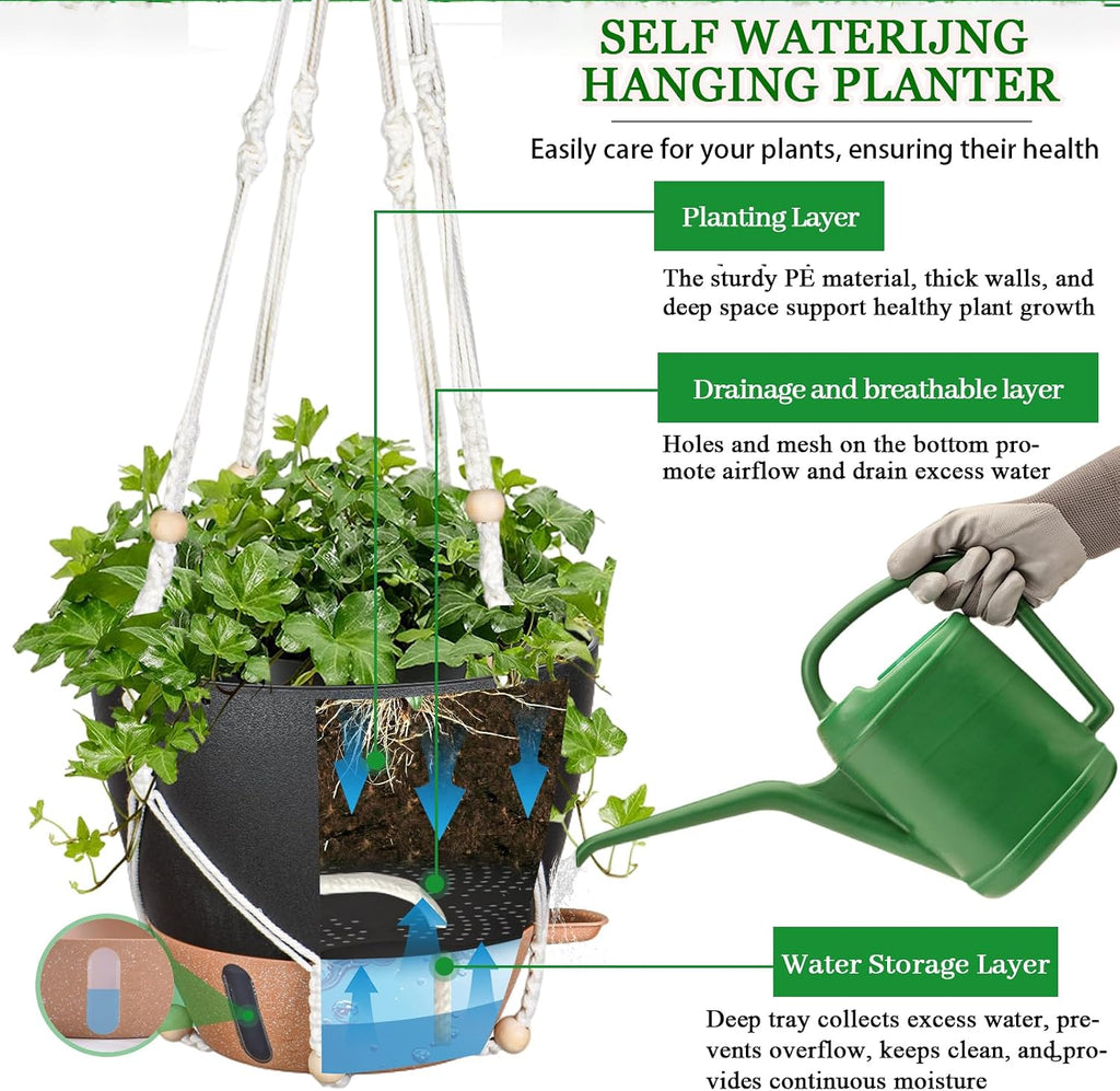 10 Inch Hanging Planters for Indoor Plants, 2 Pack, Self Watering, Black