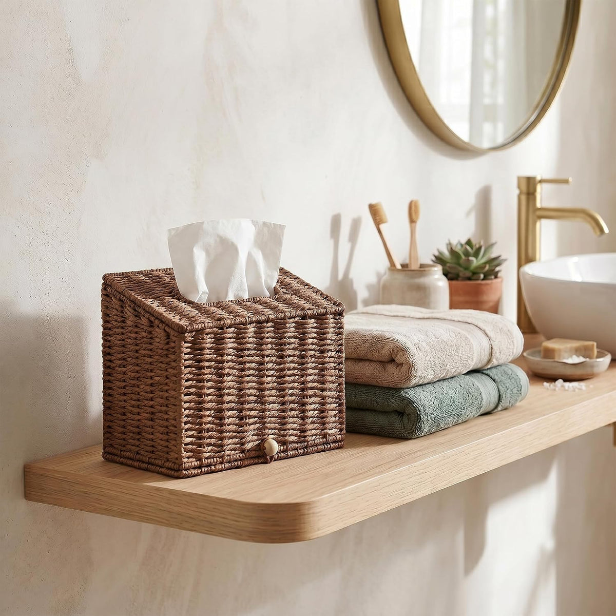 PINXIURY Hand Towel Box Cover,Paper Rope Wicker Tissue Holder for Kleenex Hand Towels,Hand Towel Holder,Slant-Top Paper Rope Tissue Box for Bathroom,Kitchen and Bedroom, Coffee
