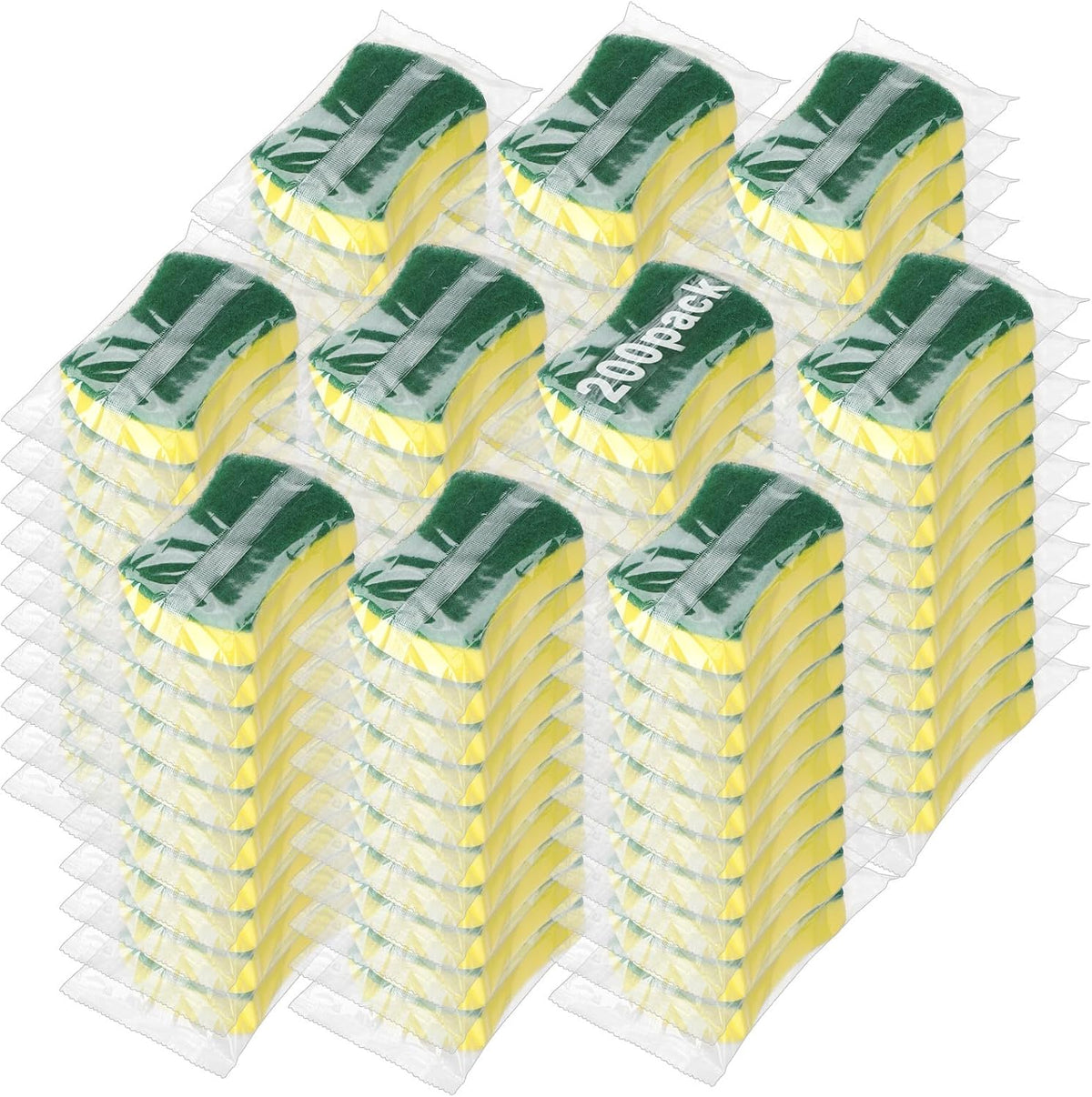 200 Pcs Individually Wrapped Sponges,Uncompressed Non Scratch Bulk Green