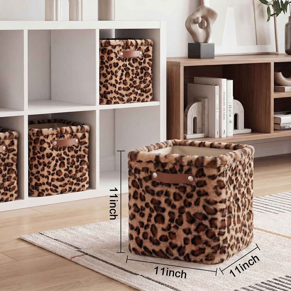 FoldTier 4 Pcs Brown Leopard Print Faux Fur Storage Cubes Bins 11"