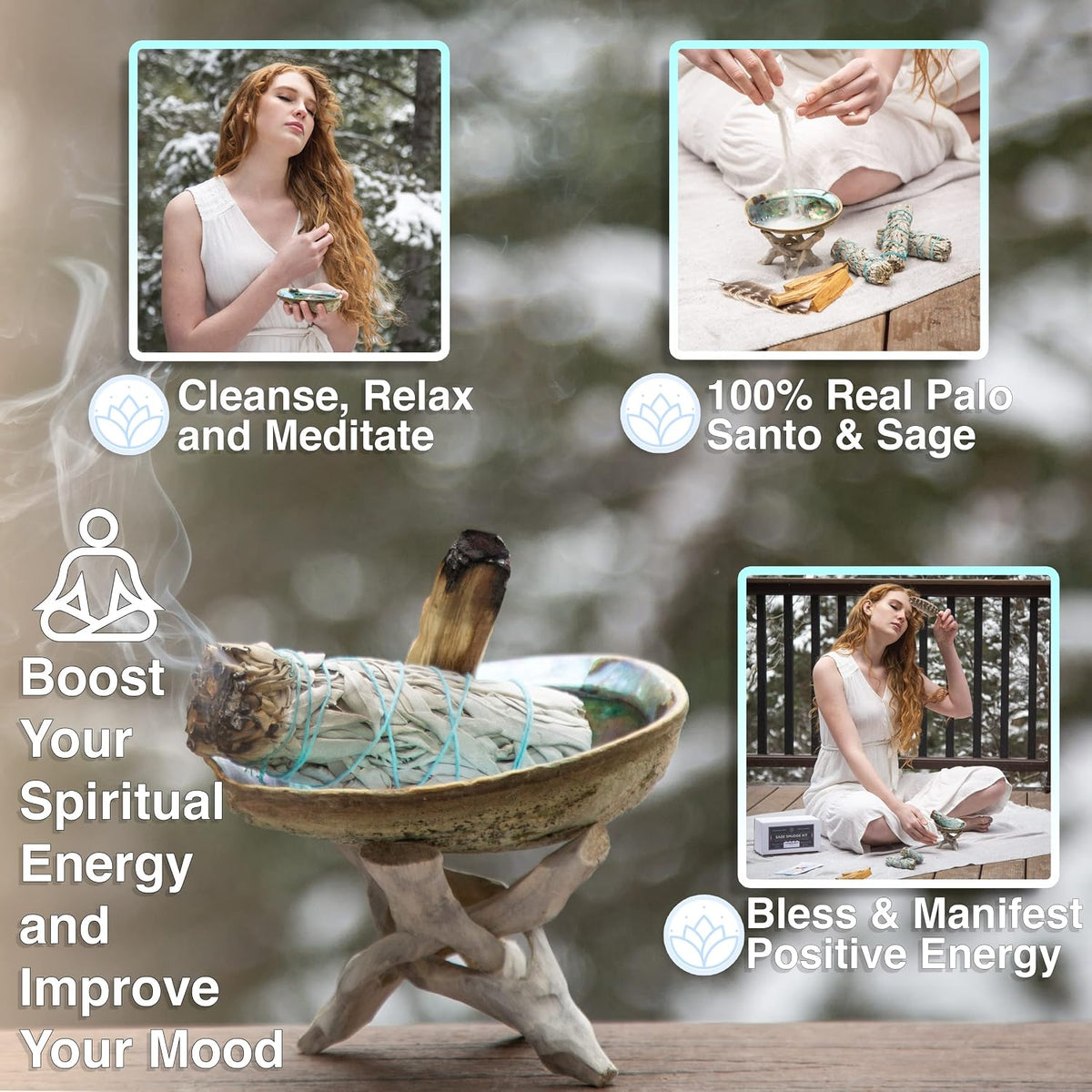 White Sage Smudge Kit with Palo Santo, Abalone Shell, Feather