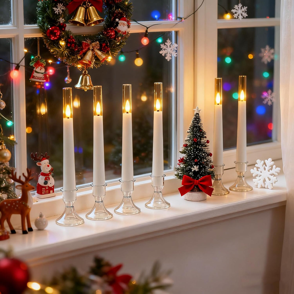 MUMCHASI White Flameless Candles, Battery Operated Taper Candles for Wedding, 6 Pcs LED Candlesticks, Acrylic Flickering Candlelights with Remote for Home Table Wedding Party Decor H9.45”