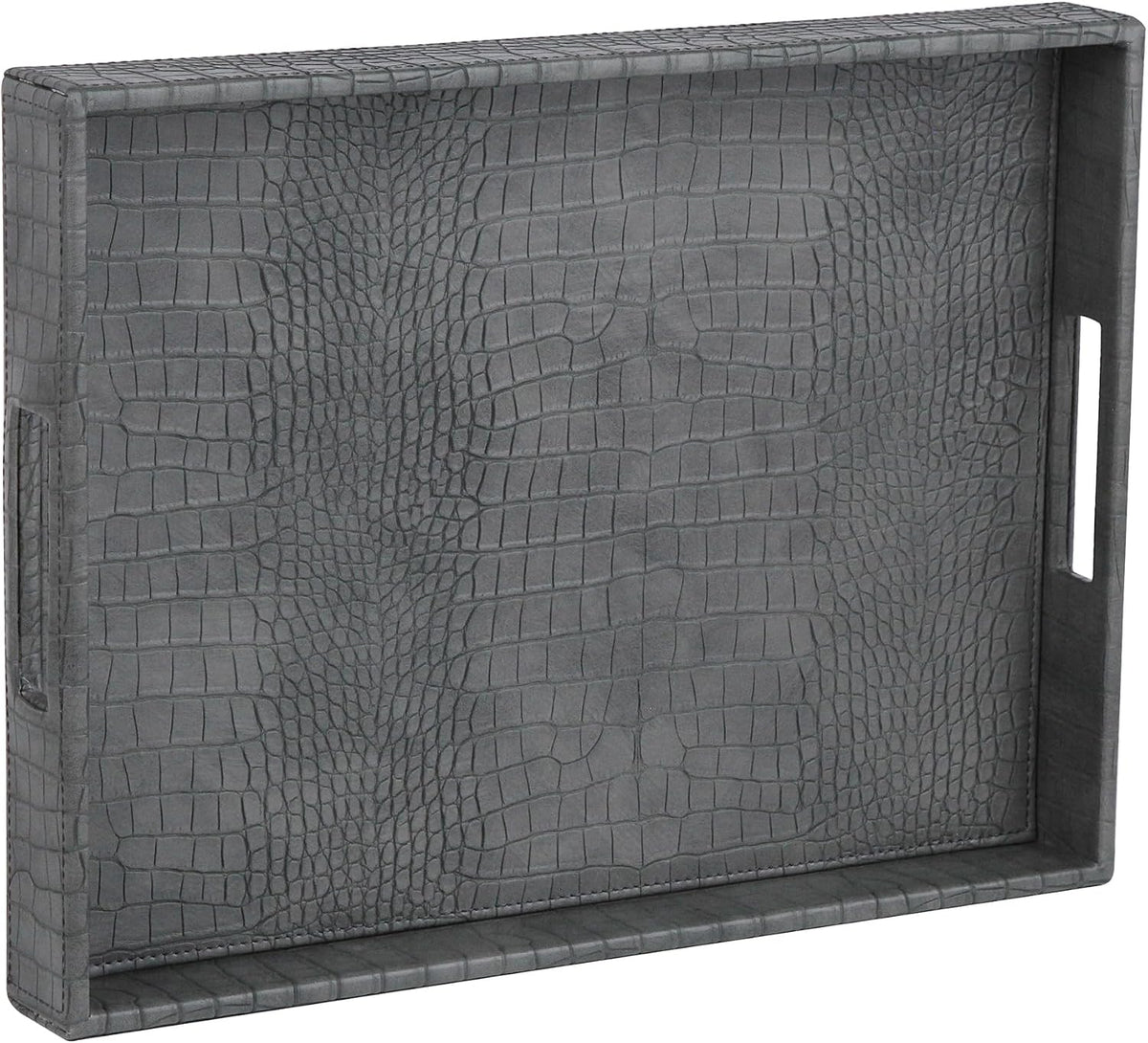 HofferRuffer Rectangle Serving Tray with Hole Handles for Coffee Table, Breakfast, Tea, Food, Butler - Countertop, Kitchen, Vanity Serve Tray, 16.2 x 12.2 x 2 inches, Faux Leather Tray (Dark Grey)