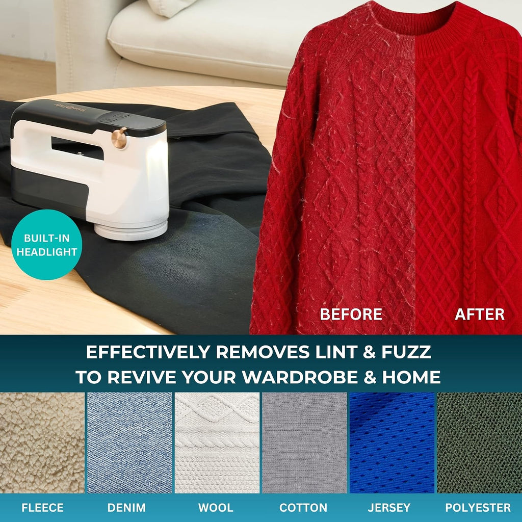True & Tidy XL Rechargeable Fabric Shaver & Lint Remover w/Built-in Light, Sweater Defuzzer with 3 Speeds, Replaceable 6 Leaf Steel Blades, XL Lint Bin, Mini Brush for Cleaning, up to 3+ Hours of Use