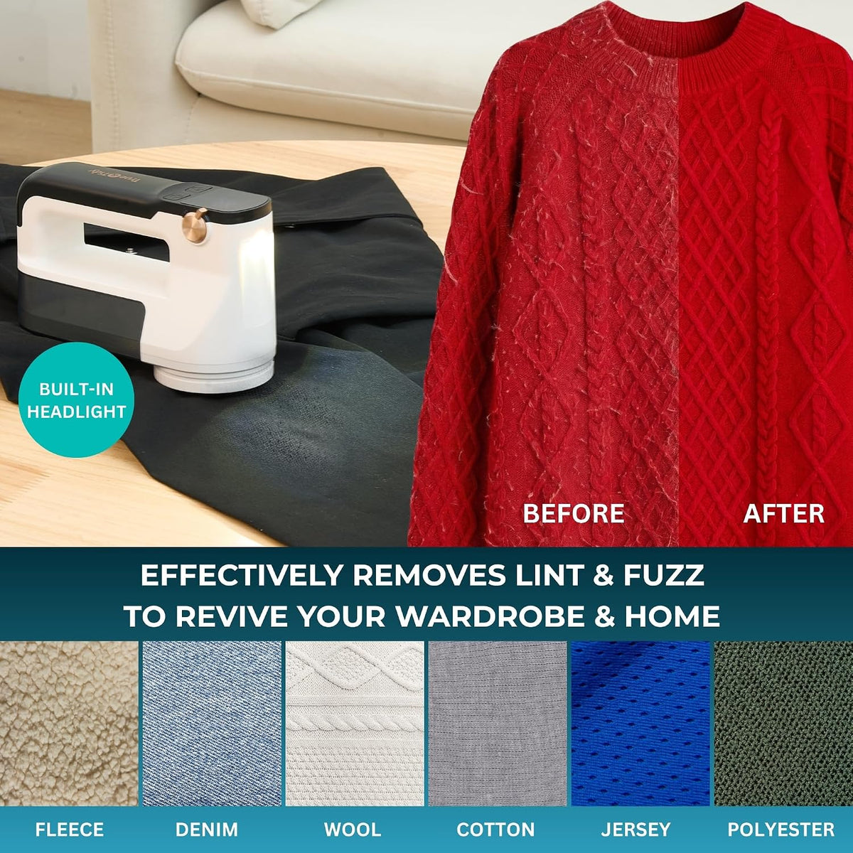 True & Tidy XL Rechargeable Fabric Shaver & Lint Remover w/Built-in Light, Sweater Defuzzer with 3 Speeds, Replaceable 6 Leaf Steel Blades, XL Lint Bin, Mini Brush for Cleaning, up to 3+ Hours of Use