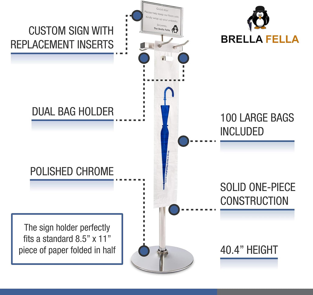 Umbrella Bag Wrapper Station with Sign Frame - Wrap Umbrellas for Rain - Be Safe, Wrap it up! - 200 Long Bags Included